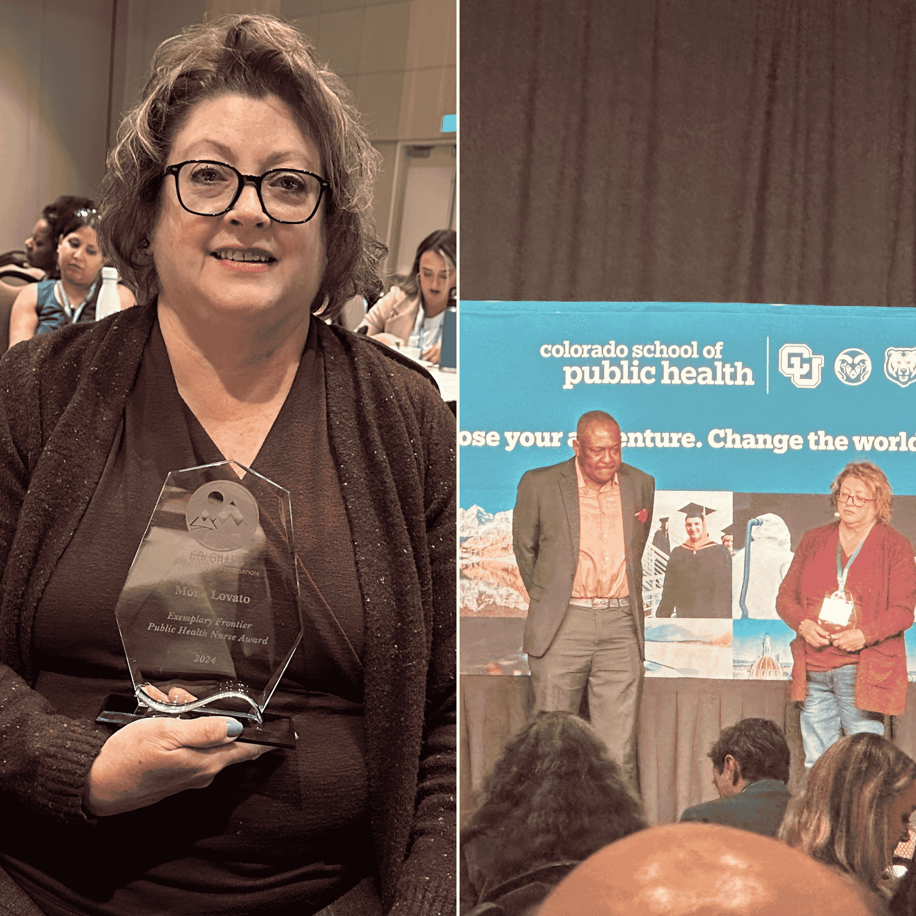 A split view of two photographs featuring an individual. On the left, the person is seated and holding a transparent award, with their face obscured for privacy. On the right, the same individual is standing on a stage in front of a banner that reads ‘Colorado School of Public Health’ with the slogan ‘Compose your future. Change the world.’ The person appears to be addressing an audience or participating in an event.