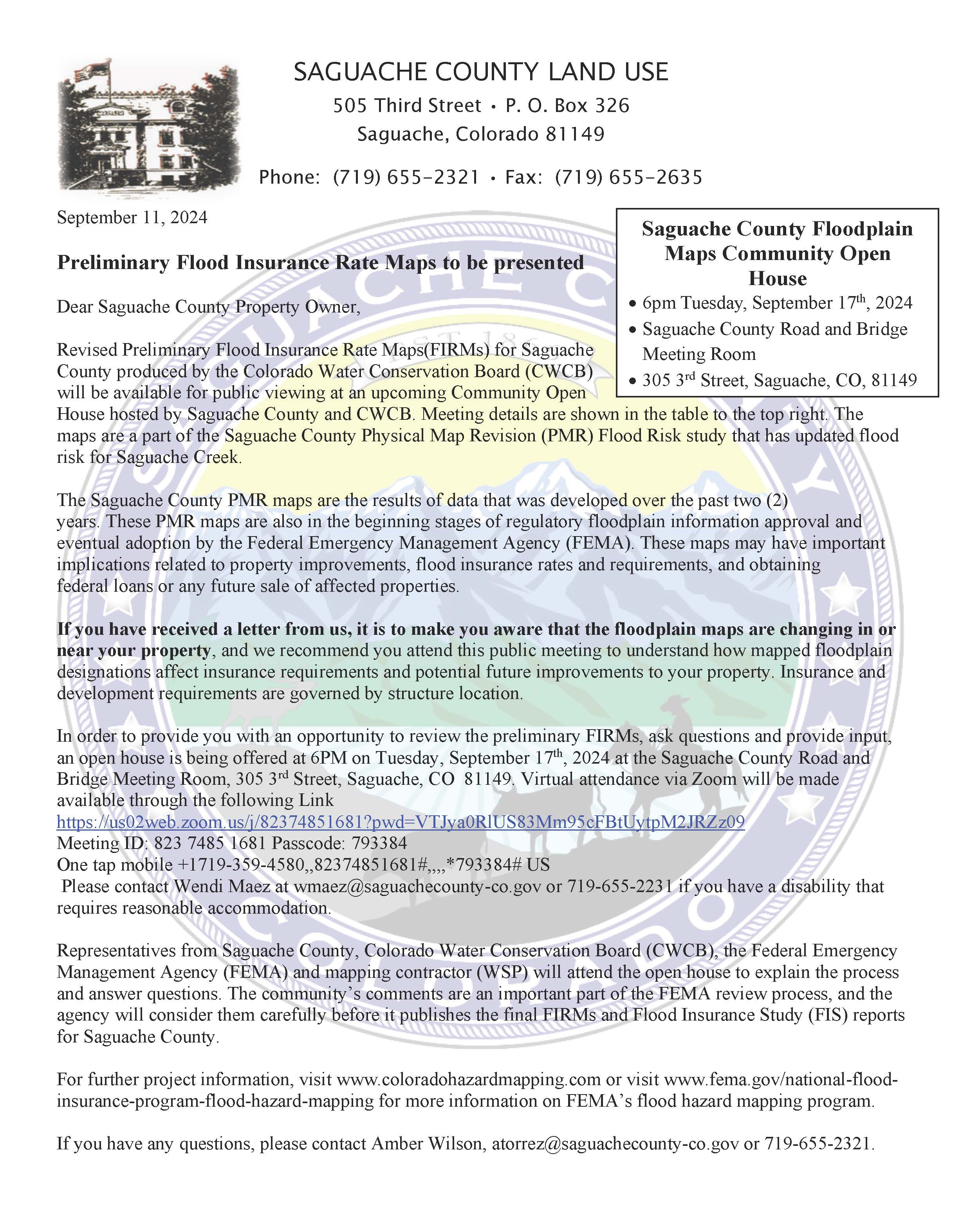 A letter from the Saguache County Land Use department, dated September 11, 2021, informing property owners about new Preliminary Flood Insurance Rate Maps (FIRMs). The letter invites recipients to a community open house event to discuss the new floodplain maps, which may affect property flood insurance and building requirements. It includes details about the event, contact information, and encourages attendance to understand the impact of the changes.