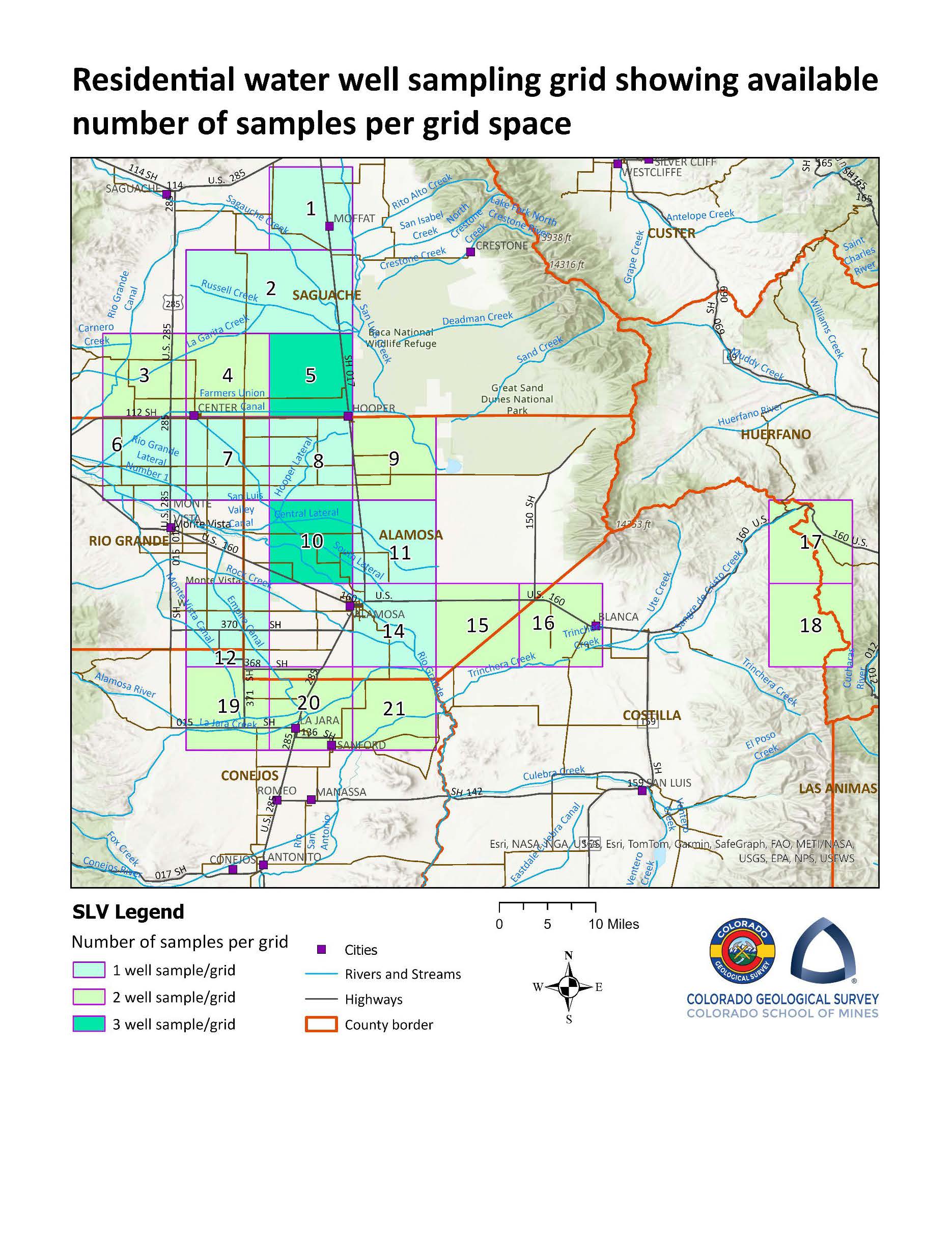 The image is a colorful map titled “Residential water well sampling grid showing available number of samples per grid space.” It features a grid overlay on a geographical map, with each cell of the grid containing numbers ranging from 0 to 4, indicating the number of water samples available per grid space. The map includes various geographical features such as rivers and streams, marked in blue, and city names. There are also different colored areas indicating one sample per grid (yellow).