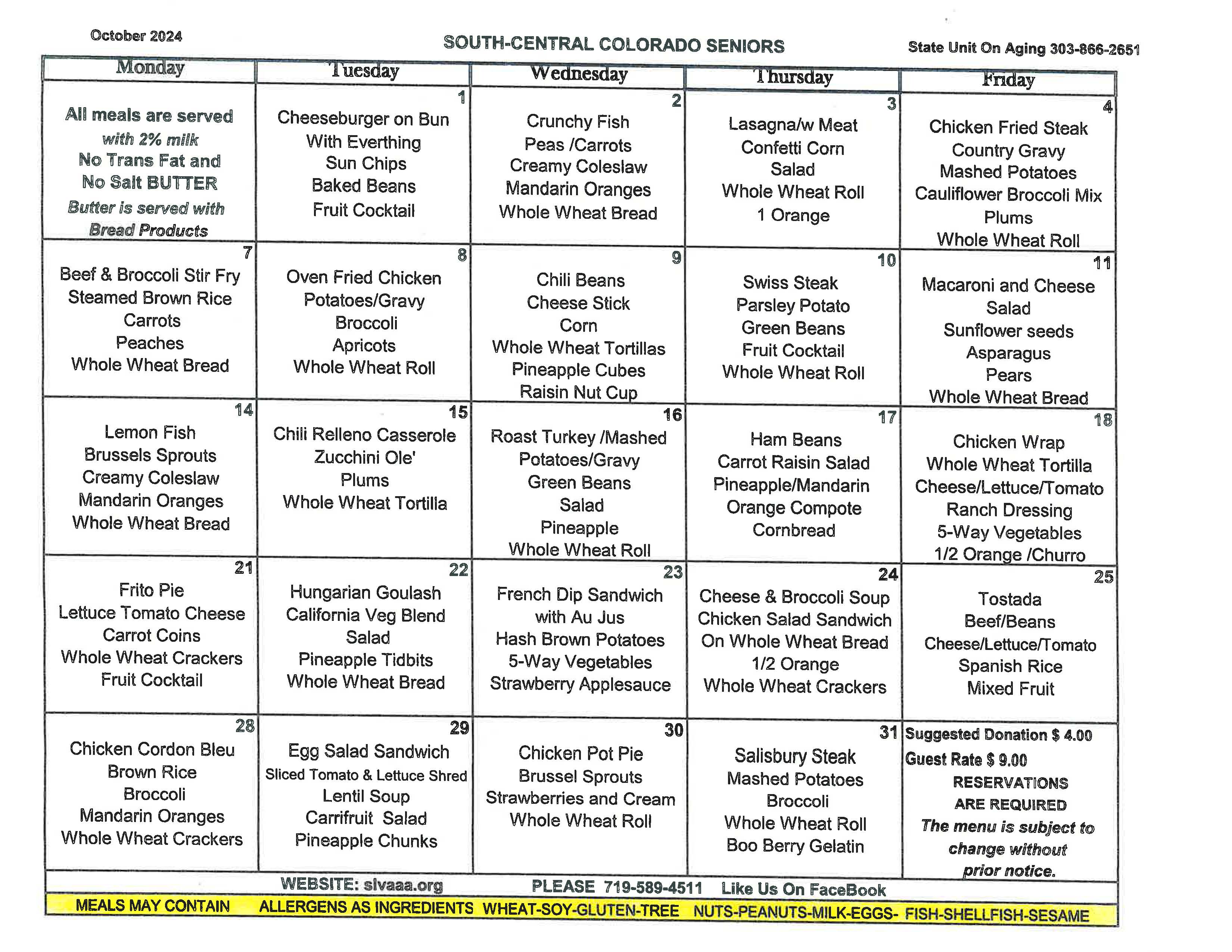 The image is a meal calendar for October 2024 provided by South-Central Colorado Seniors. It is laid out in a grid format, with rows representing different days and columns for each weekday, from Monday to Friday.  Each day lists the meal options for lunch, including a main dish (like chicken, fish, or pasta), side dishes (such as vegetables, salads, or fruit), and bread options (whole wheat rolls, tortillas, or crackers). There’s also an emphasis on balanced nutrition with servings of fruits, vegetables.