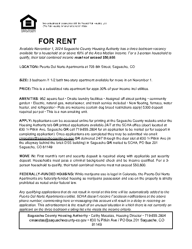 Rental advertisement for a three-bedroom, two-bathroom apartment at Puerto Del Norte Apartments in Saguache, CO. Available move-in: Nov 1, 2024. Rent: $1100/month, including utilities. Size: 952 sq ft. Amenities: onsite laundry, assigned off-street parking, community garden, new appliances. Pets allowed with a deposit. Non-smoking apartment. Applications can be accessed online, and more info available from Housing Director Cathy Maestas. Marijuana use is prohibited due to federal funding.