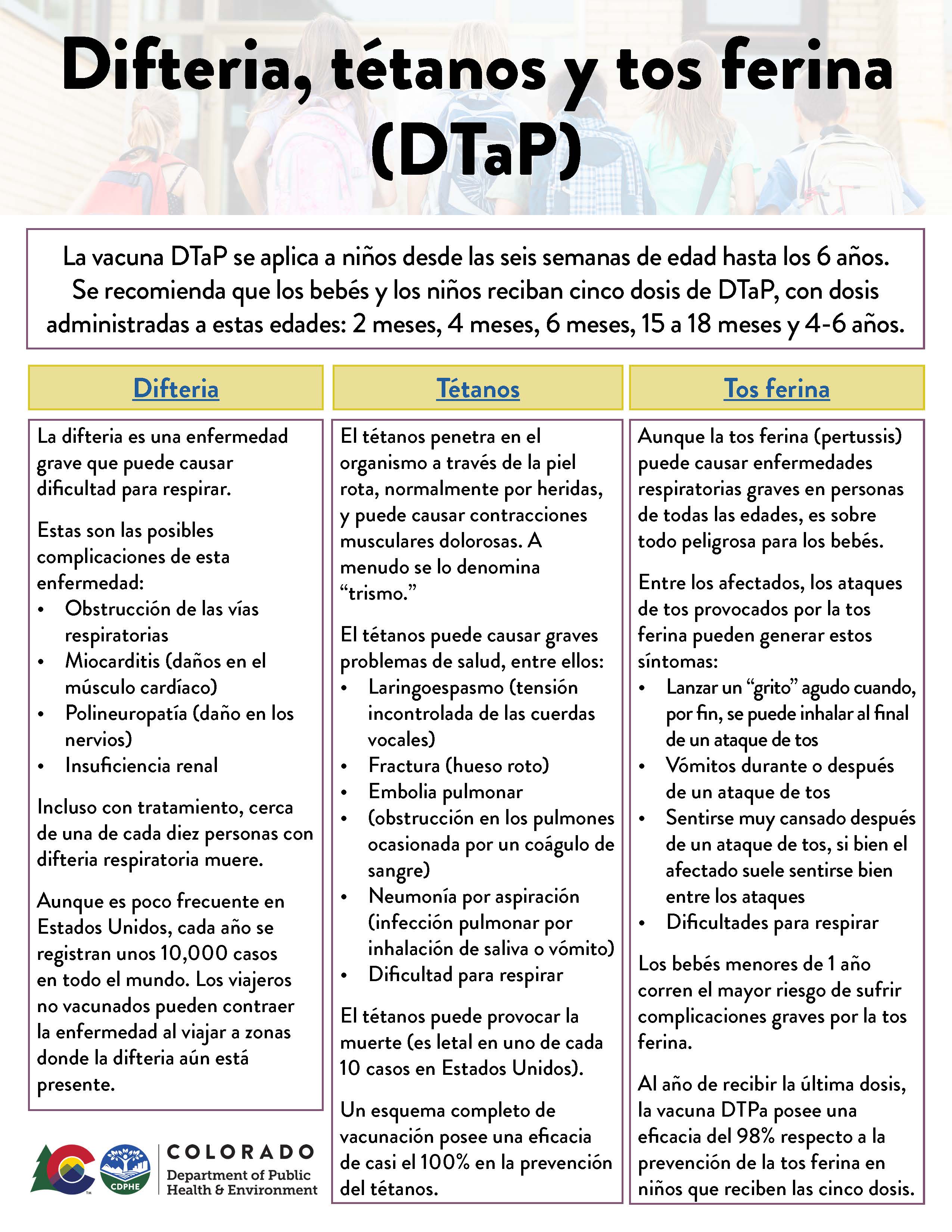 A flyer regarding information about Diphtheria, Tetanus, and Pertussis in Spanish