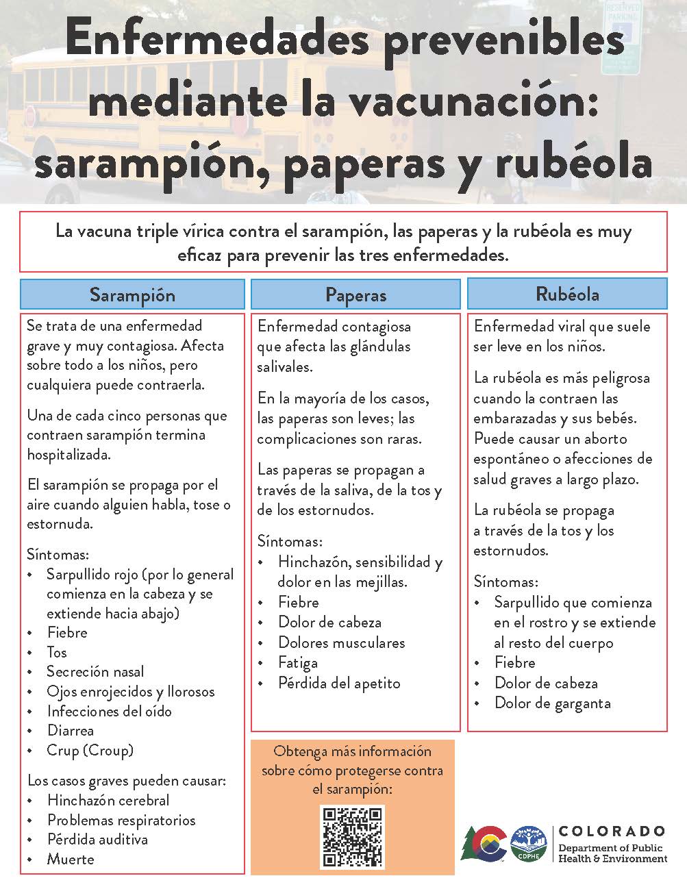 A flyer regarding information about Measles, Mumps and Rubella in Spanish