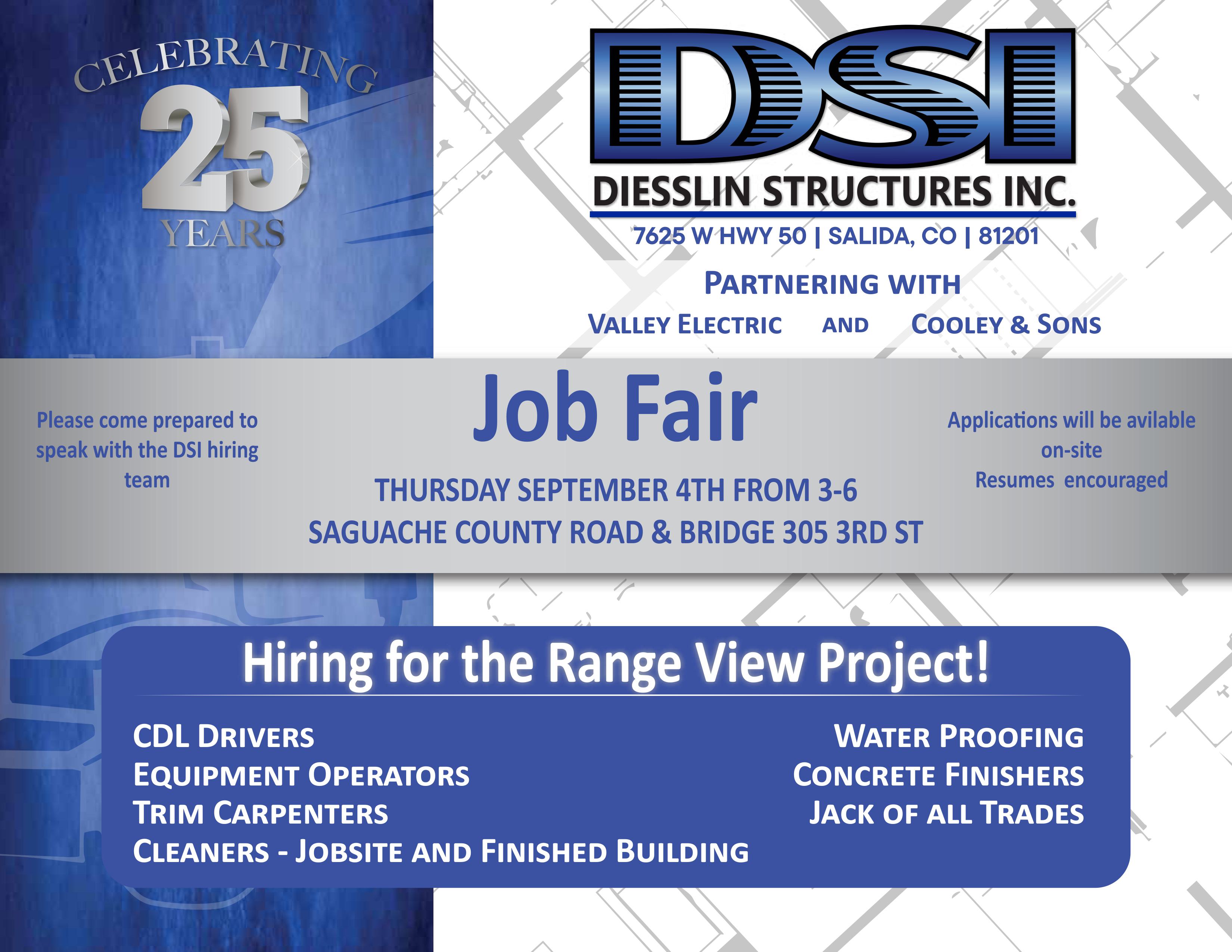 Flyer for DSI Job Fair on Thursday, September 4th, 3–6 PM at Saguache County Road & Bridge. Hiring for the Range View Project: CDL drivers, equipment operators, carpenters, cleaners, waterproofing, concrete finishers, and jack-of-all-trades.