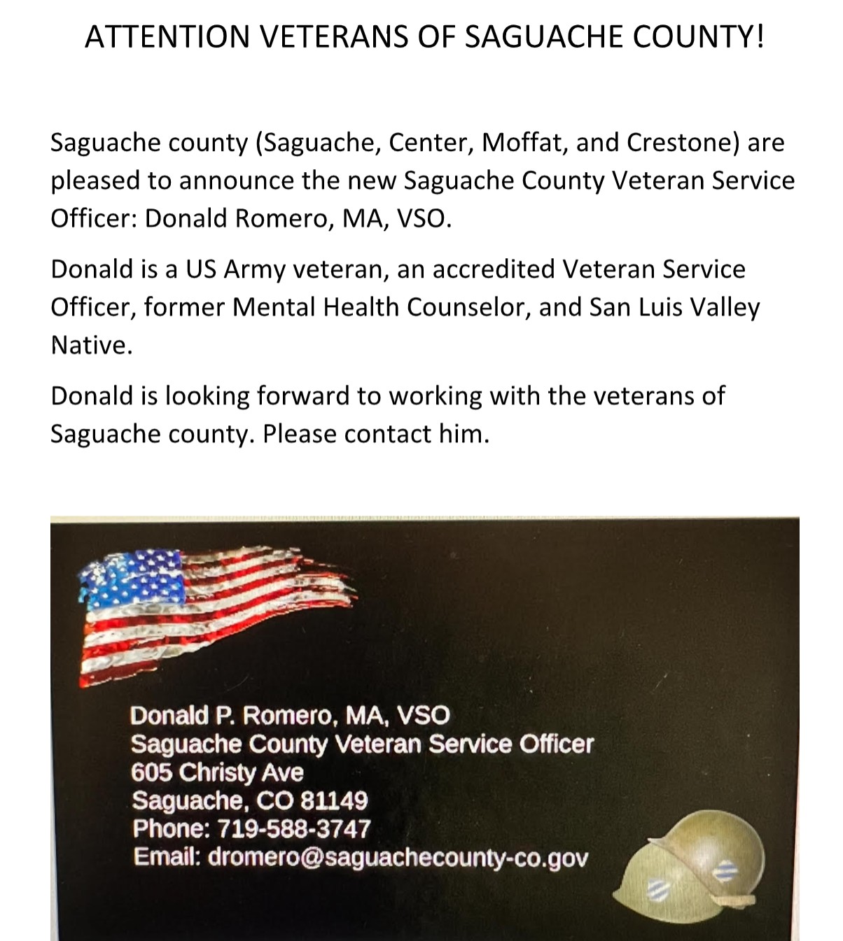 Flyer announcing Donald P. Romero as the new Saguache County Veteran Service Officer. Includes his background as a U.S. Army veteran and contact info with phone, email, and office address.
