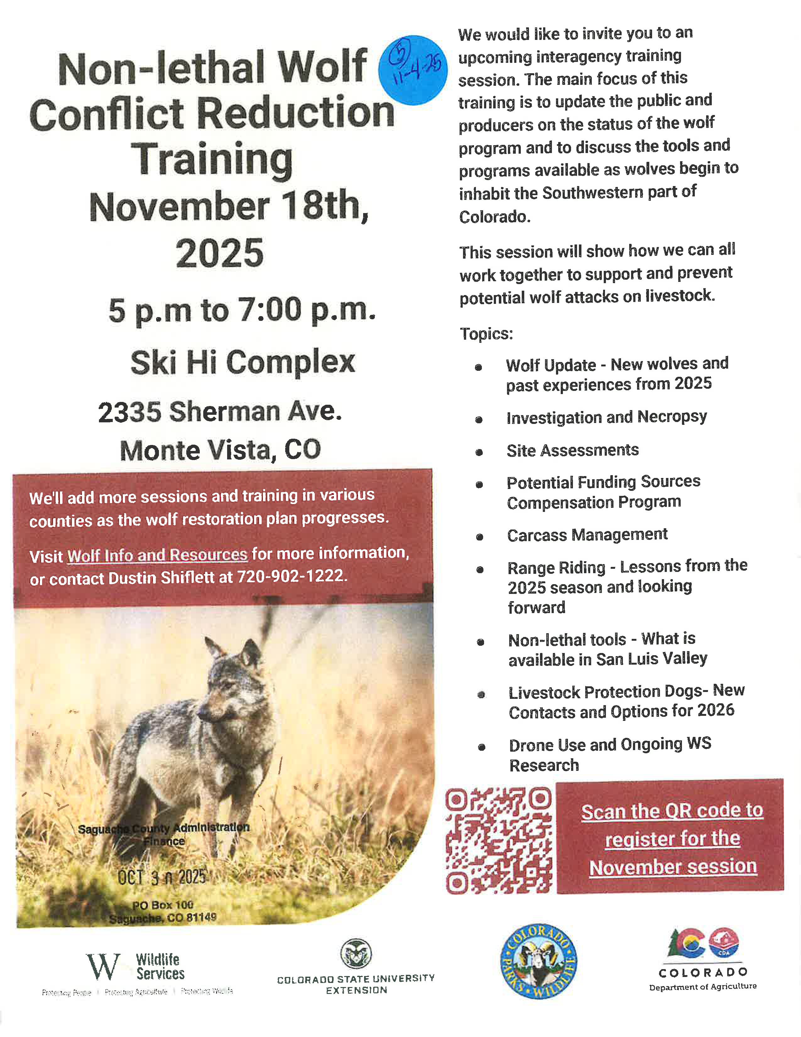 Flyer for “Non-lethal Wolf Conflict Reduction Training” on November 18, 2025, from 5–7 p.m. at the Ski Hi Complex in Monte Vista, CO. Includes topics like wolf updates, investigations, carcass management, funding, non-lethal tools, and livestock protection. Hosted by Colorado State University Extension, Wildlife Services, and the Colorado Department of Agriculture.