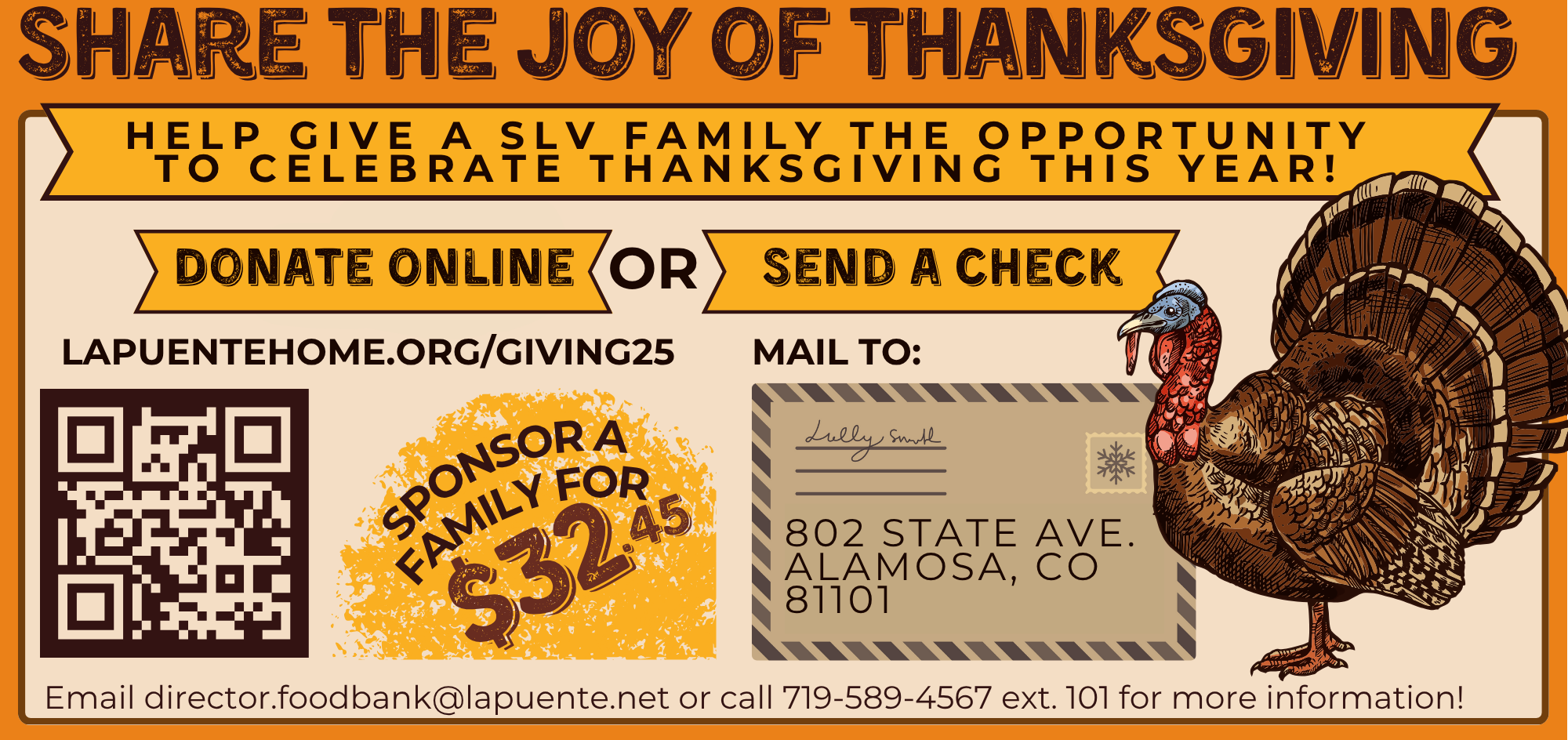 Share the Joy of Thanksgiving” flyer from La Puente Home promoting donations to help SLV families celebrate Thanksgiving. Donate online at lapuentehome.org/giving25 or by mail to 802 State Ave, Alamosa, CO.