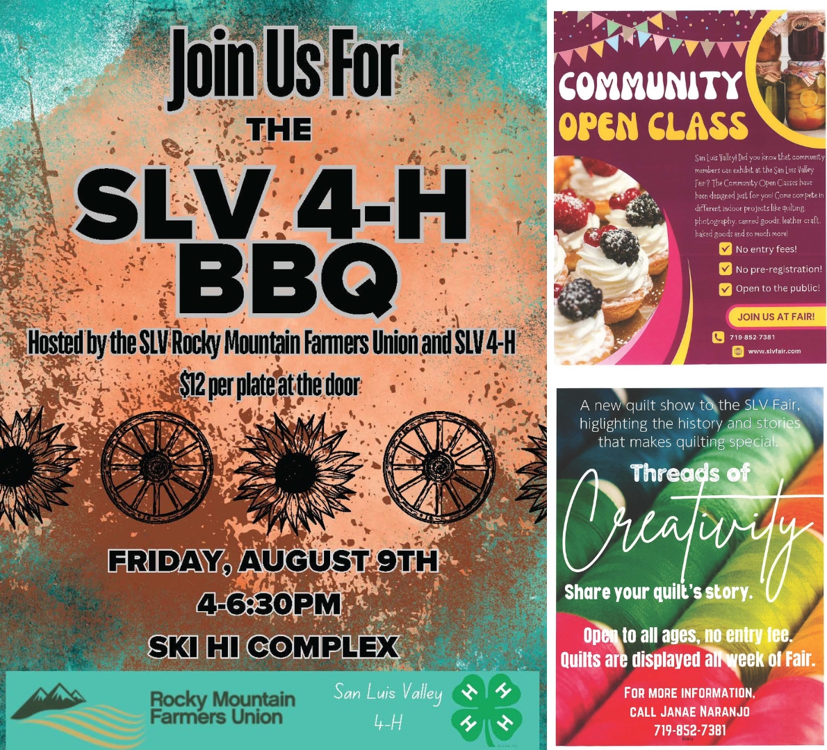 A vibrant poster for the ‘SLV 4-H BBQ’ event. The background features splashes of orange, yellow, and green colors, resembling a watercolor effect. In the center, stylized circular symbols depict sunflowers or ferris wheels. The top of the poster reads ‘Join Us For The SLV 4-H BBQ,’ hosted by the SLV Rocky Mountain Farmers Union. The event takes place on Friday, August 9th, from 4-6:30 PM at the Ski Hi Complex in San Luis Valley. Quilts are also highlighted, inviting participants to share their stories.