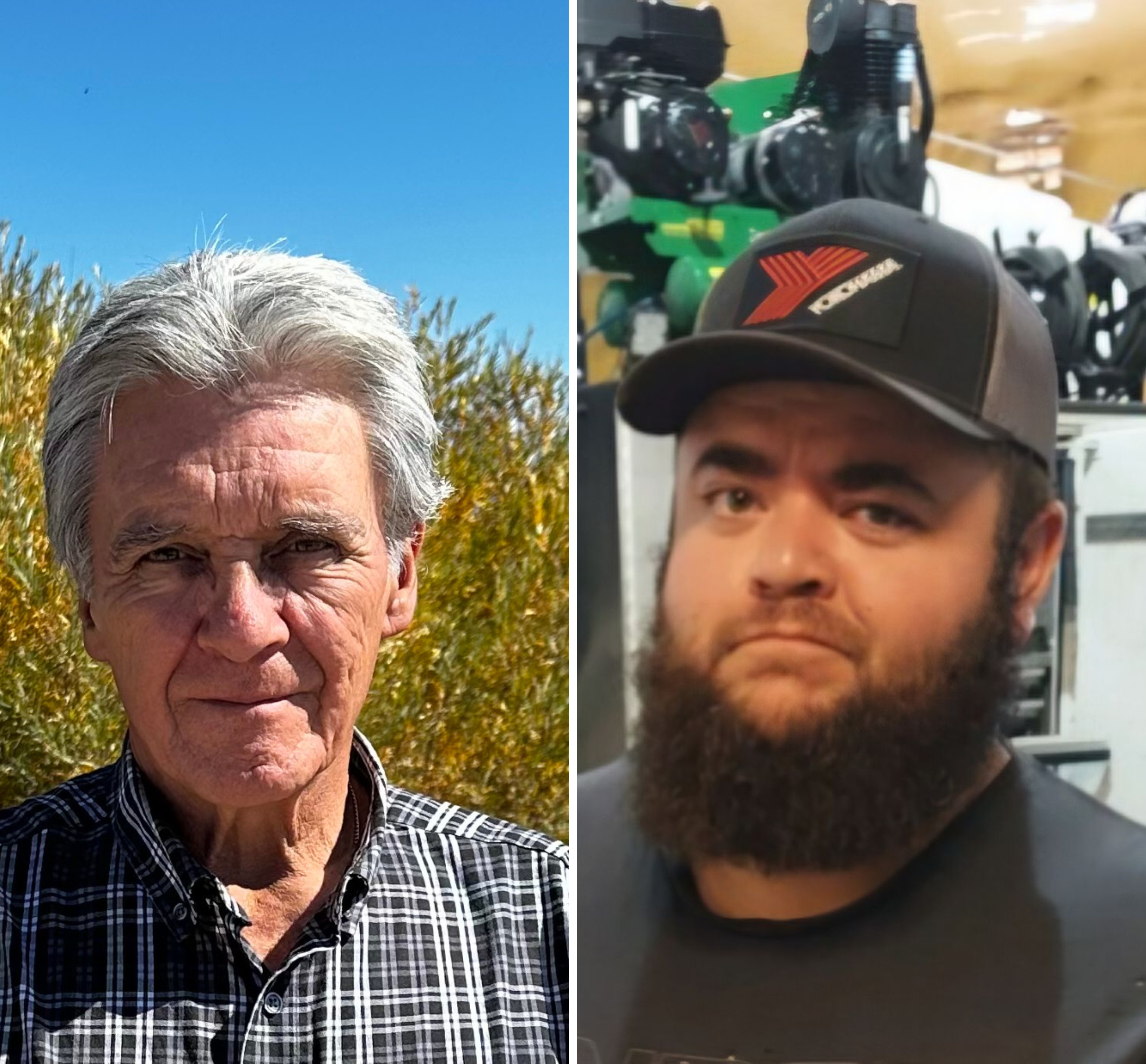 The image is a side-by-side composition of two portraits. On the left, an older man with gray hair wears a black-and-white plaid shirt, standing outdoors with tall plants and a bright blue sky in the background. On the right, a younger man with a thick beard and a black-and-gray baseball cap featuring a red "X" logo has a neutral expression. He is in an indoor setting with machinery and equipment visible behind him, suggesting a workshop or industrial environment.