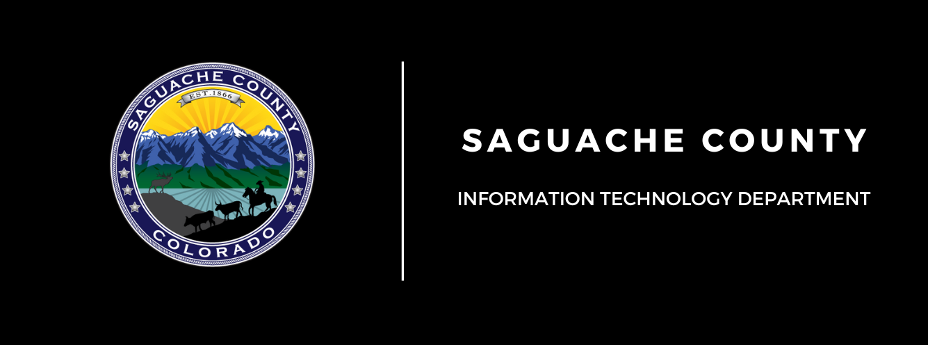 The image features the seal of Saguache County, Colorado, on the left side and the text "Saguache County Information Technology Department" on the right side. The seal includes a depiction of mountains, a sunrise, and various animals, with the text "Saguache County Colorado" encircling the image. The seal also includes the establishment year "Est. 1866" at the top. The background is black, and the text is white.