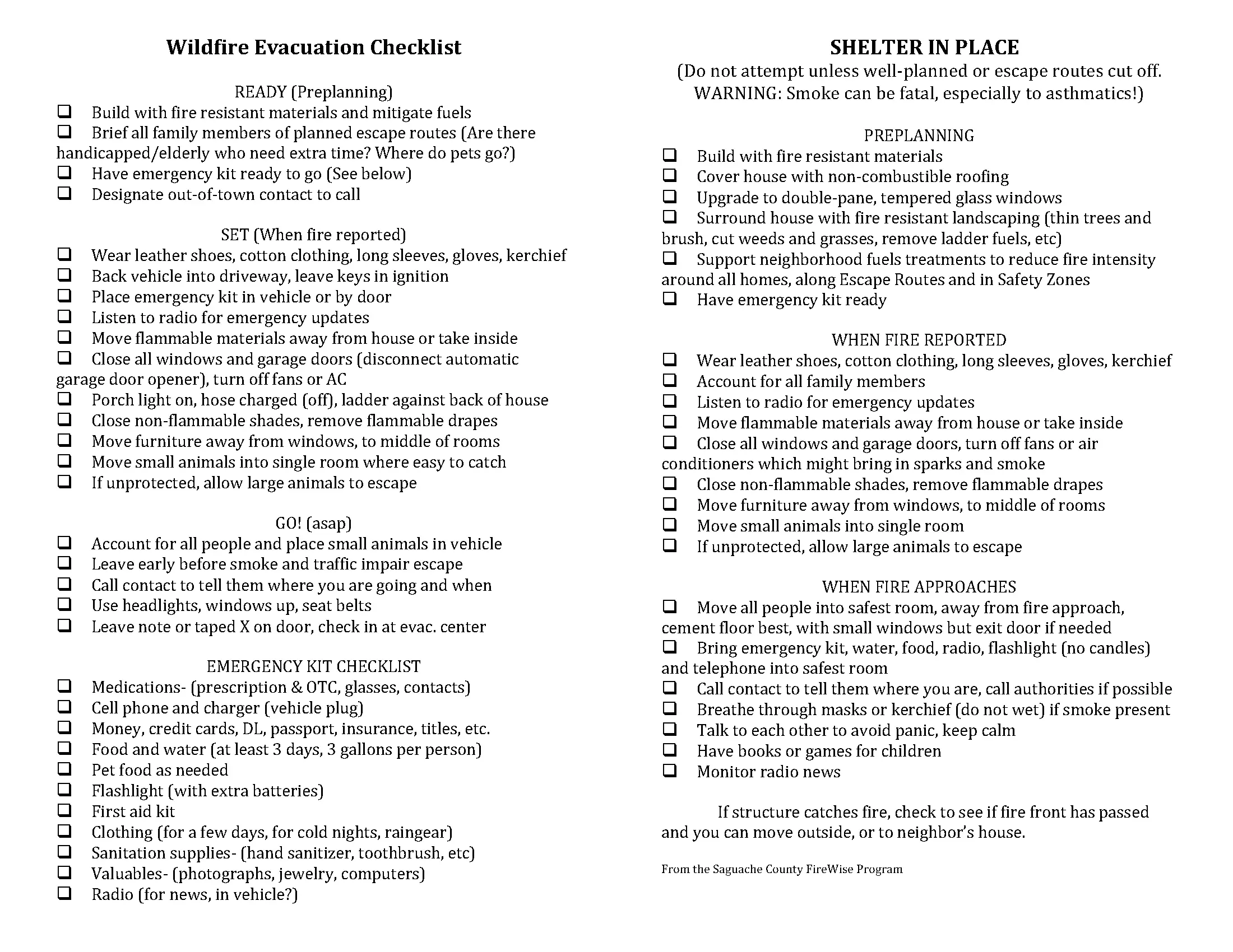 Wildfire Evacuation Checklist