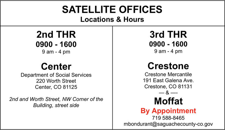Saguache County Veteran Service Office (SCVSO) Satellite Office locations and hours of operations.