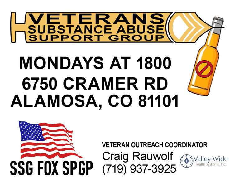 Flyer for Substance Abuse Support Group for Veterans Mondays at 6:00OM 6750 Cramer RD Alamosa, CO 81101