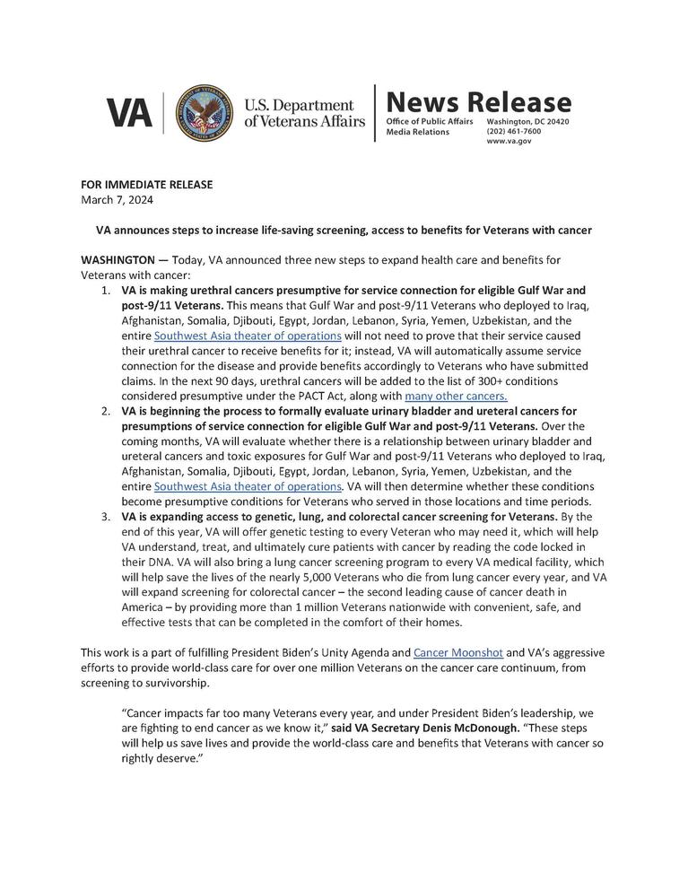 VA News Release regrading three new steps to expand health care and benefits for Veterans with cancer.